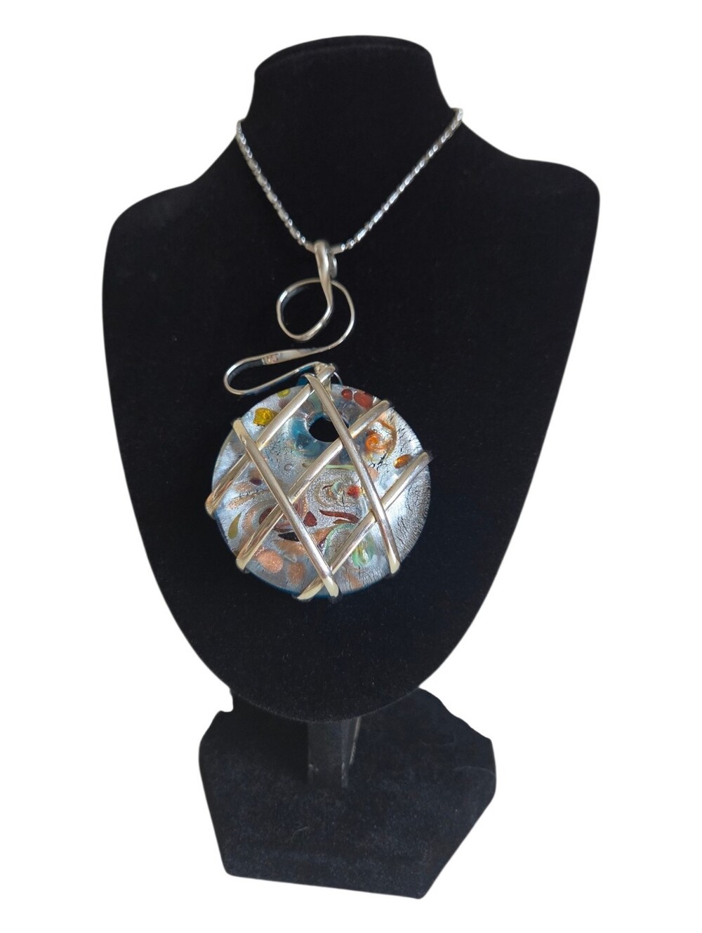 artisan wire wrapped fused art glass disc pendant necklace silver tone chain